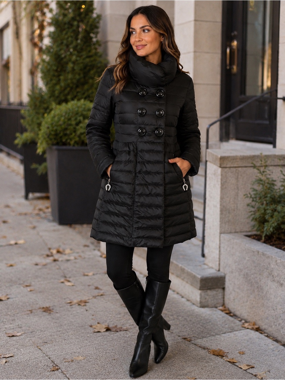 Betsey Johnson Black Quilted Double-Breasted Puffer Coat Size L Y2K Rhinestone